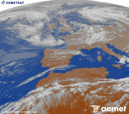 Imagen de la zona de Europa y Norte de �frica del canal infrarrojo del sat�lite Meteosat operacional en 0�N 0�W, procesada para darle color.&nbsp;mercredi, 13 mai  2026 22:00