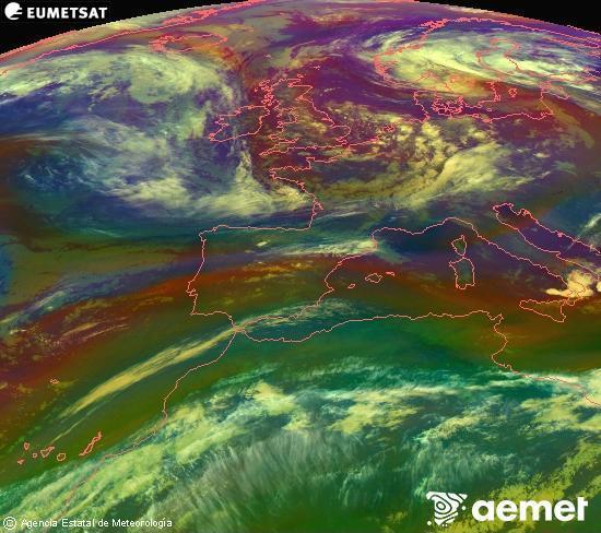 Composici�n RGB na que se mesturan varias canles do sat�lite Meteosat operacional en 0� N 0� W, que nos d� unha idea das caracter�sticas das masas de aire e da nebulosidade.&nbsp;m�rcores, 13 maio  2026 23:00