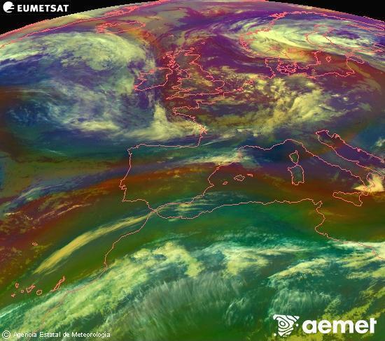 Composici�n RGB na que se mesturan varias canles do sat�lite Meteosat operacional en 0� N 0� W, que nos d� unha idea das caracter�sticas das masas de aire e da nebulosidade.&nbsp;xoves, 14 maio  2026 00:00