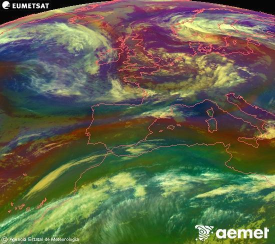 Composici�n RGB na que se mesturan varias canles do sat�lite Meteosat operacional en 0� N 0� W, que nos d� unha idea das caracter�sticas das masas de aire e da nebulosidade.&nbsp;xoves, 14 maio  2026 01:00