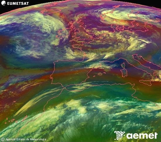 Composici� RGB en la qual es barregen diversos canals del sat�l�lit Meteosat operacional en 0�N 0�W, que ens d�na una idea de les caracter�stiques de les masses d'aire i de la nuvolositat.&nbsp;dijous, 14 de maig  2026 02:00