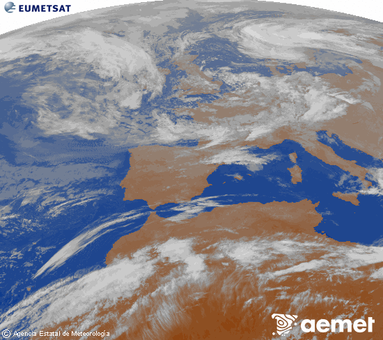 Imagen de la zona de Europa y Norte de �frica del canal infrarrojo del sat�lite Meteosat operacional en 0�N 0�W, procesada para darle color.&nbsp;osteguna, 2026ko maiatzak 14, ordua: 02:00