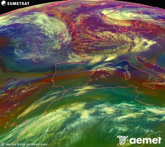 Composici� RGB en la qual es barregen diversos canals del sat�l�lit Meteosat operacional en 0�N 0�W, que ens d�na una idea de les caracter�stiques de les masses d'aire i de la nuvolositat.&nbsp;dijous, 14 de maig  2026 03:00