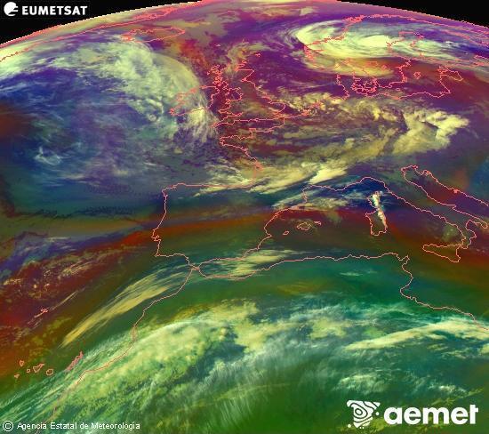 Composici� RGB en la qual es barregen diversos canals del sat�l�lit Meteosat operacional en 0�N 0�W, que ens d�na una idea de les caracter�stiques de les masses d'aire i de la nuvolositat.&nbsp;dijous, 14 de maig  2026 04:00