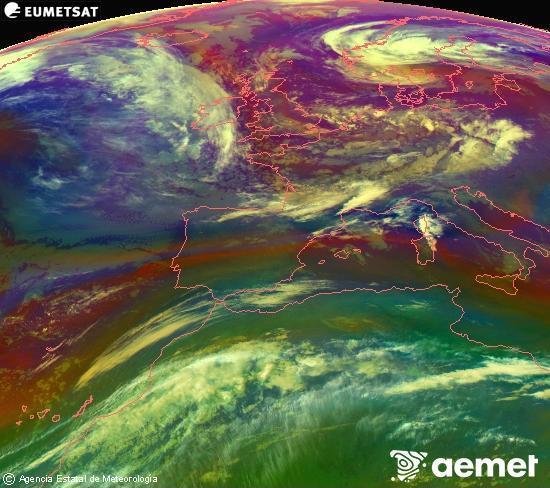 Composici� RGB en la qual es barregen diversos canals del sat�l�lit Meteosat operacional en 0�N 0�W, que ens d�na una idea de les caracter�stiques de les masses d'aire i de la nuvolositat.&nbsp;dijous, 14 de maig  2026 05:00