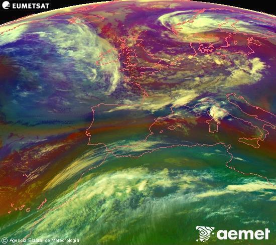 Composici� RGB en la qual es barregen diversos canals del sat�l�lit Meteosat operacional en 0�N 0�W, que ens d�na una idea de les caracter�stiques de les masses d'aire i de la nuvolositat.&nbsp;dijous, 14 de maig  2026 06:00