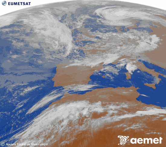 Imagen de la zona de Europa y Norte de �frica del canal infrarrojo del sat�lite Meteosat operacional en 0�N 0�W, procesada para darle color.&nbsp;jueves, 14 mayo 2026 a las 06:00