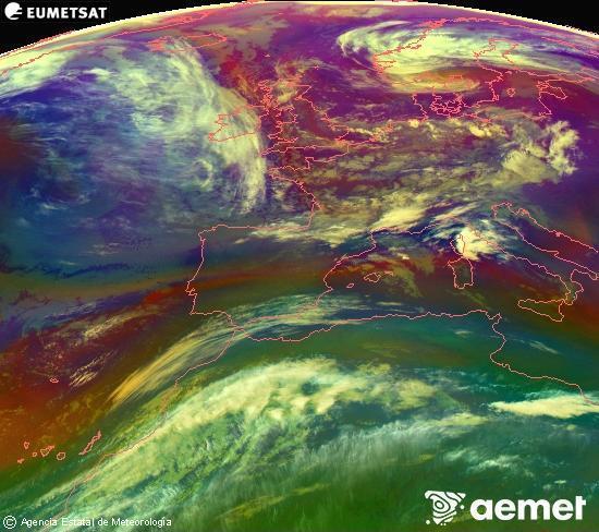 Composici� RGB en la qual es barregen diversos canals del sat�l�lit Meteosat operacional en 0�N 0�W, que ens d�na una idea de les caracter�stiques de les masses d'aire i de la nuvolositat.&nbsp;dijous, 14 de maig  2026 07:00
