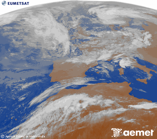 Imagen de la zona de Europa y Norte de �frica del canal infrarrojo del sat�lite Meteosat operacional en 0�N 0�W, procesada para darle color.&nbsp;dijous, 14 de maig  2026 07:00