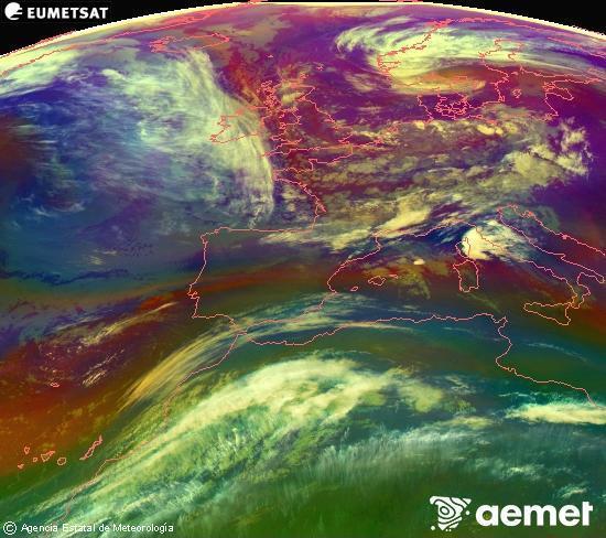 Composici� RGB en la qual es barregen diversos canals del sat�l�lit Meteosat operacional en 0�N 0�W, que ens d�na una idea de les caracter�stiques de les masses d'aire i de la nuvolositat.&nbsp;dijous, 14 de maig  2026 08:00