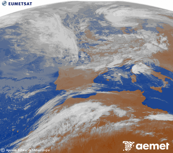 Imagen de la zona de Europa y Norte de �frica del canal infrarrojo del sat�lite Meteosat operacional en 0�N 0�W, procesada para darle color.&nbsp;dijous, 14 de maig  2026 08:00
