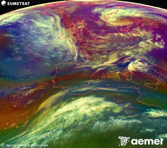Composici� RGB en la qual es barregen diversos canals del sat�l�lit Meteosat operacional en 0�N 0�W, que ens d�na una idea de les caracter�stiques de les masses d'aire i de la nuvolositat.&nbsp;dijous, 14 de maig  2026 09:00