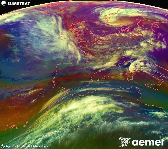 Composici� RGB en la qual es barregen diversos canals del sat�l�lit Meteosat operacional en 0�N 0�W, que ens d�na una idea de les caracter�stiques de les masses d'aire i de la nuvolositat.&nbsp;dijous, 14 de maig  2026 10:00
