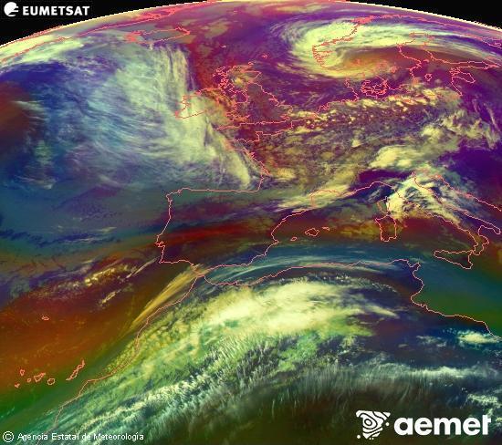 Composici� RGB en la qual es barregen diversos canals del sat�l�lit Meteosat operacional en 0�N 0�W, que ens d�na una idea de les caracter�stiques de les masses d'aire i de la nuvolositat.&nbsp;dijous, 14 de maig  2026 11:00