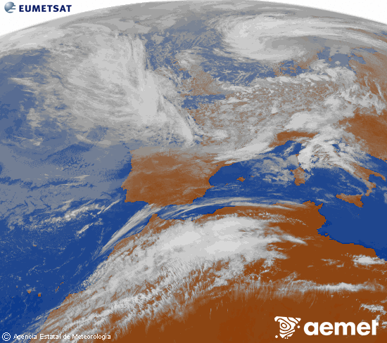 Imatge de la zona d'Europa i Nord d'�frica del canal infraroig del sat�l�lit Meteosat operacional en 0�N 0�W, processada per a donar-li color.&nbsp;dijous, 14 de maig  2026 11:00