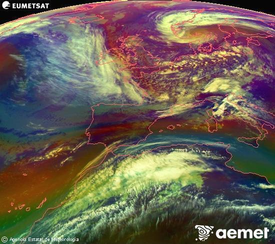 Composici� RGB en la qual es barregen diversos canals del sat�l�lit Meteosat operacional en 0�N 0�W, que ens d�na una idea de les caracter�stiques de les masses d'aire i de la nuvolositat.&nbsp;dijous, 14 de maig  2026 12:00