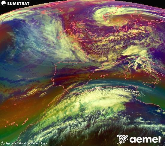 Composici� RGB en la qual es barregen diversos canals del sat�l�lit Meteosat operacional en 0�N 0�W, que ens d�na una idea de les caracter�stiques de les masses d'aire i de la nuvolositat.&nbsp;dijous, 14 de maig  2026 13:00