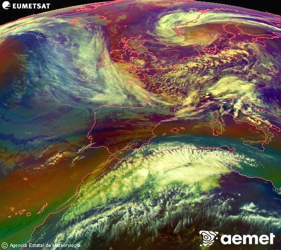 Composici� RGB en la qual es barregen diversos canals del sat�l�lit Meteosat operacional en 0�N 0�W, que ens d�na una idea de les caracter�stiques de les masses d'aire i de la nuvolositat.&nbsp;dijous, 14 de maig  2026 14:00