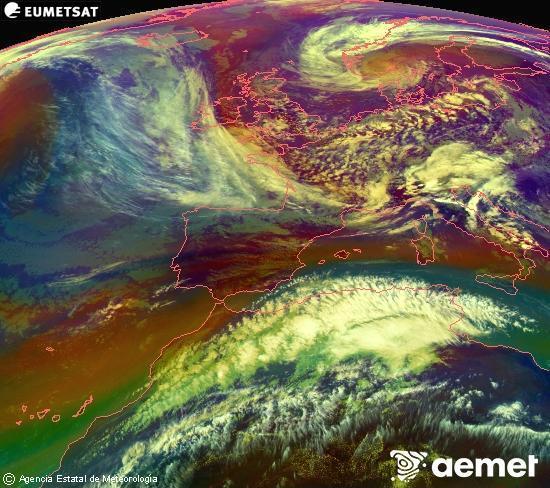Composici� RGB en la qual es barregen diversos canals del sat�l�lit Meteosat operacional en 0�N 0�W, que ens d�na una idea de les caracter�stiques de les masses d'aire i de la nuvolositat.&nbsp;dijous, 14 de maig  2026 15:00