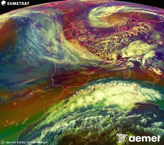 Composici� RGB en la qual es barregen diversos canals del sat�l�lit Meteosat operacional en 0�N 0�W, que ens d�na una idea de les caracter�stiques de les masses d'aire i de la nuvolositat.&nbsp;dijous, 14 de maig  2026 16:00