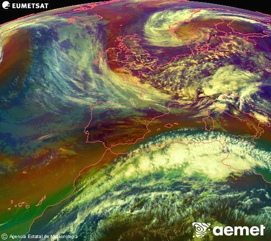 Composici� RGB en la qual es barregen diversos canals del sat�l�lit Meteosat operacional en 0�N 0�W, que ens d�na una idea de les caracter�stiques de les masses d'aire i de la nuvolositat.&nbsp;dijous, 14 de maig  2026 17:00
