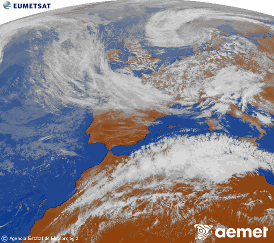 Imagen de la zona de Europa y Norte de �frica del canal infrarrojo del sat�lite Meteosat operacional en 0�N 0�W, procesada para darle color.&nbsp;dijous, 14 de maig  2026 17:00