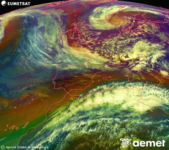 Composici� RGB en la qual es barregen diversos canals del sat�l�lit Meteosat operacional en 0�N 0�W, que ens d�na una idea de les caracter�stiques de les masses d'aire i de la nuvolositat.&nbsp;dijous, 14 de maig  2026 18:00