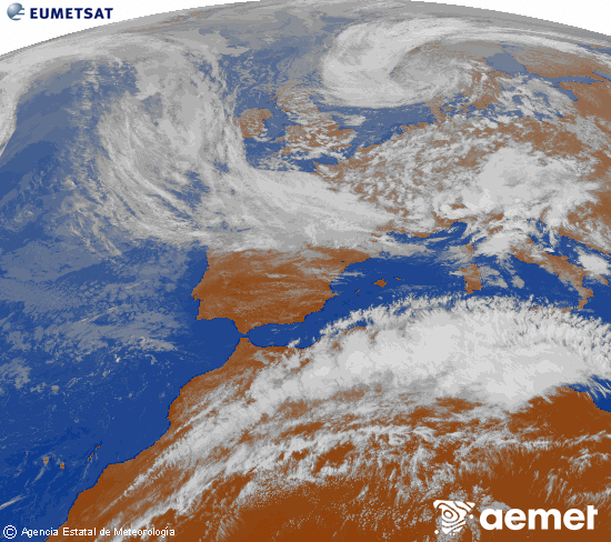 Imagen de la zona de Europa y Norte de �frica del canal infrarrojo del sat�lite Meteosat operacional en 0�N 0�W, procesada para darle color.&nbsp;Thursday, 14 May  2026 18:00