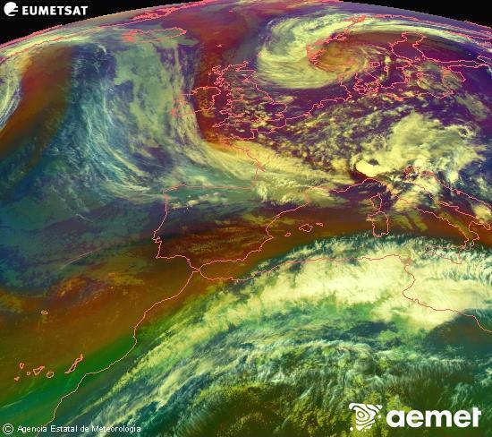 Composici� RGB en la qual es barregen diversos canals del sat�l�lit Meteosat operacional en 0�N 0�W, que ens d�na una idea de les caracter�stiques de les masses d'aire i de la nuvolositat.&nbsp;dijous, 14 de maig  2026 19:00