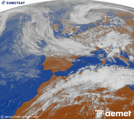 Imagen de la zona de Europa y Norte de �frica del canal infrarrojo del sat�lite Meteosat operacional en 0�N 0�W, procesada para darle color.&nbsp;Thursday, 14 May  2026 19:00