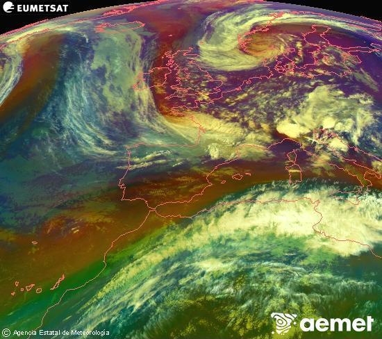 Composici� RGB en la qual es barregen diversos canals del sat�l�lit Meteosat operacional en 0�N 0�W, que ens d�na una idea de les caracter�stiques de les masses d'aire i de la nuvolositat.&nbsp;dijous, 14 de maig  2026 20:00