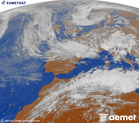 Imagen de la zona de Europa y Norte de �frica del canal infrarrojo del sat�lite Meteosat operacional en 0�N 0�W, procesada para darle color.&nbsp;Thursday, 14 May  2026 20:00