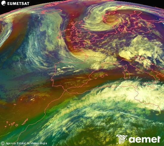 Composici� RGB en la qual es barregen diversos canals del sat�l�lit Meteosat operacional en 0�N 0�W, que ens d�na una idea de les caracter�stiques de les masses d'aire i de la nuvolositat.&nbsp;dijous, 14 de maig  2026 21:00