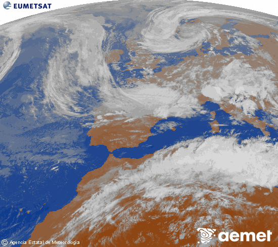 Imagen de la zona de Europa y Norte de �frica del canal infrarrojo del sat�lite Meteosat operacional en 0�N 0�W, procesada para darle color.&nbsp;Thursday, 14 May  2026 21:00