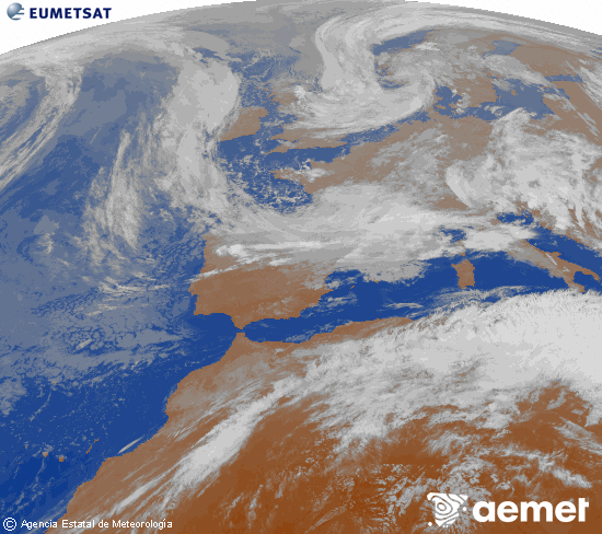 Imagen de la zona de Europa y Norte de �frica del canal infrarrojo del sat�lite Meteosat operacional en 0�N 0�W, procesada para darle color.&nbsp;vendredi, 15 mai  2026 01:00