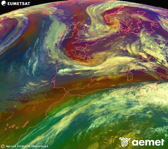 Composici� RGB en la qual es barregen diversos canals del sat�l�lit Meteosat operacional en 0�N 0�W, que ens d�na una idea de les caracter�stiques de les masses d'aire i de la nuvolositat.&nbsp;divendres, 15 de maig  2026 03:00