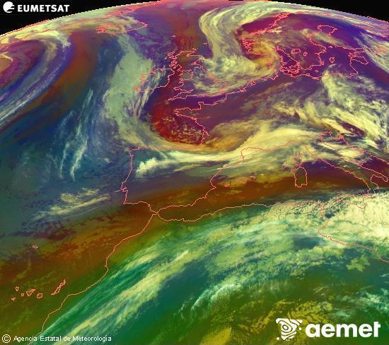 Composici� RGB en la qual es barregen diversos canals del sat�l�lit Meteosat operacional en 0�N 0�W, que ens d�na una idea de les caracter�stiques de les masses d'aire i de la nuvolositat.&nbsp;divendres, 15 de maig  2026 04:00
