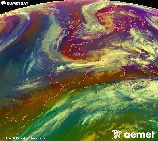 Composici� RGB en la qual es barregen diversos canals del sat�l�lit Meteosat operacional en 0�N 0�W, que ens d�na una idea de les caracter�stiques de les masses d'aire i de la nuvolositat.&nbsp;divendres, 15 de maig  2026 05:00