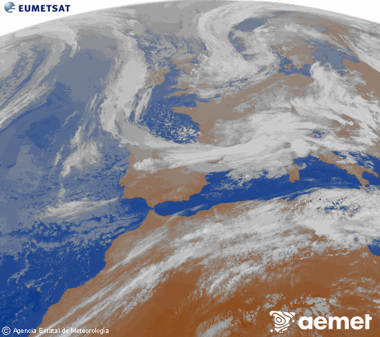 Imatge de la zona d'Europa i Nord d'�frica del canal infraroig del sat�l�lit Meteosat operacional en 0�N 0�W, processada per a donar-li color.&nbsp;divendres, 15 de maig  2026 06:00