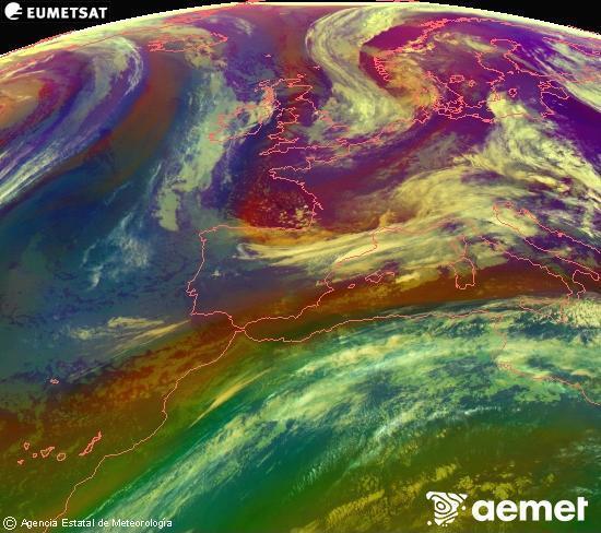 Composici� RGB en la qual es barregen diversos canals del sat�l�lit Meteosat operacional en 0�N 0�W, que ens d�na una idea de les caracter�stiques de les masses d'aire i de la nuvolositat.&nbsp;divendres, 15 de maig  2026 08:00