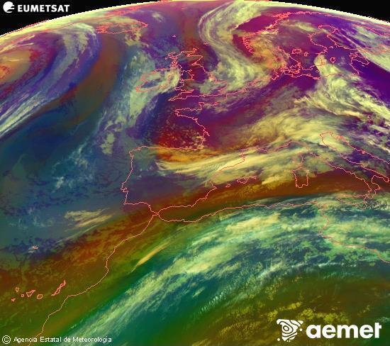 Composici� RGB en la qual es barregen diversos canals del sat�l�lit Meteosat operacional en 0�N 0�W, que ens d�na una idea de les caracter�stiques de les masses d'aire i de la nuvolositat.&nbsp;divendres, 15 de maig  2026 09:00
