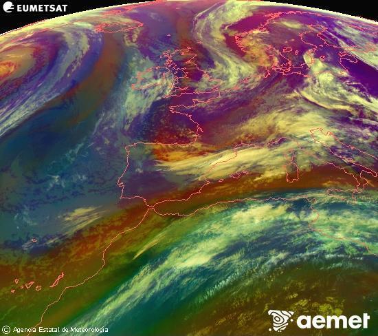 Composici� RGB en la qual es barregen diversos canals del sat�l�lit Meteosat operacional en 0�N 0�W, que ens d�na una idea de les caracter�stiques de les masses d'aire i de la nuvolositat.&nbsp;divendres, 15 de maig  2026 10:00