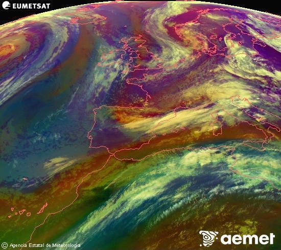 Composici� RGB en la qual es barregen diversos canals del sat�l�lit Meteosat operacional en 0�N 0�W, que ens d�na una idea de les caracter�stiques de les masses d'aire i de la nuvolositat.&nbsp;divendres, 15 de maig  2026 11:00