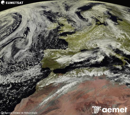 Esta imagen se genera utilizando informaci�n de los canales visibles del sat�lite METEOSAT perteneciente a la segunda generaci�n de sat�lites Meteosat (MSG). Por ese motivo, s�lo hay informaci�n en la zona iluminada por el sol. Adem�s, los canales han sido normalizados para que el brillo no dependa de la posici�n del sol.&nbsp;divendres, 15 de maig  2026 12:00