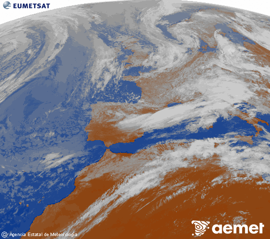 Imagen de la zona de Europa y Norte de �frica del canal infrarrojo del sat�lite Meteosat operacional en 0�N 0�W, procesada para darle color.&nbsp;divendres, 15 de maig  2026 12:00