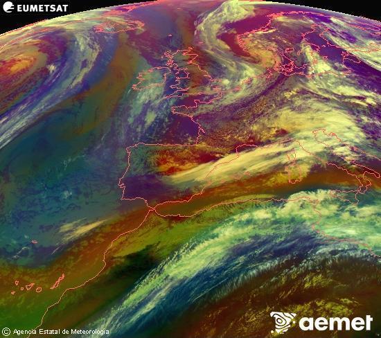 Composici� RGB en la qual es barregen diversos canals del sat�l�lit Meteosat operacional en 0�N 0�W, que ens d�na una idea de les caracter�stiques de les masses d'aire i de la nuvolositat.&nbsp;divendres, 15 de maig  2026 13:00