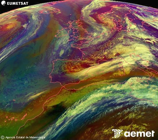Composici� RGB en la qual es barregen diversos canals del sat�l�lit Meteosat operacional en 0�N 0�W, que ens d�na una idea de les caracter�stiques de les masses d'aire i de la nuvolositat.&nbsp;divendres, 15 de maig  2026 14:00