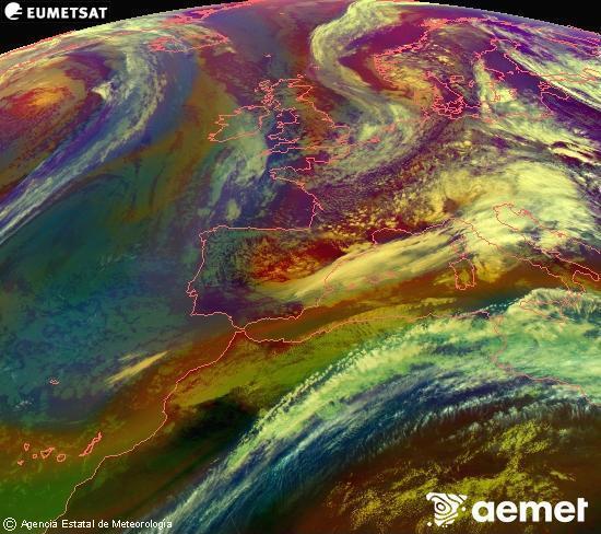 Composici� RGB en la qual es barregen diversos canals del sat�l�lit Meteosat operacional en 0�N 0�W, que ens d�na una idea de les caracter�stiques de les masses d'aire i de la nuvolositat.&nbsp;divendres, 15 de maig  2026 15:00
