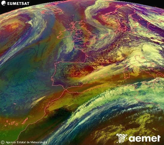 Composici� RGB en la qual es barregen diversos canals del sat�l�lit Meteosat operacional en 0�N 0�W, que ens d�na una idea de les caracter�stiques de les masses d'aire i de la nuvolositat.&nbsp;divendres, 15 de maig  2026 16:00