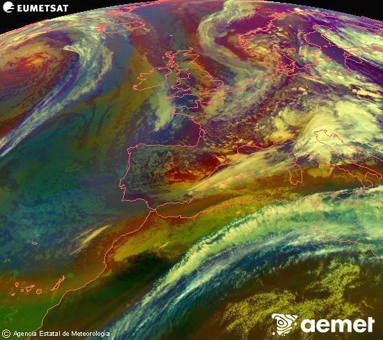 Composici� RGB en la qual es barregen diversos canals del sat�l�lit Meteosat operacional en 0�N 0�W, que ens d�na una idea de les caracter�stiques de les masses d'aire i de la nuvolositat.&nbsp;divendres, 15 de maig  2026 17:00